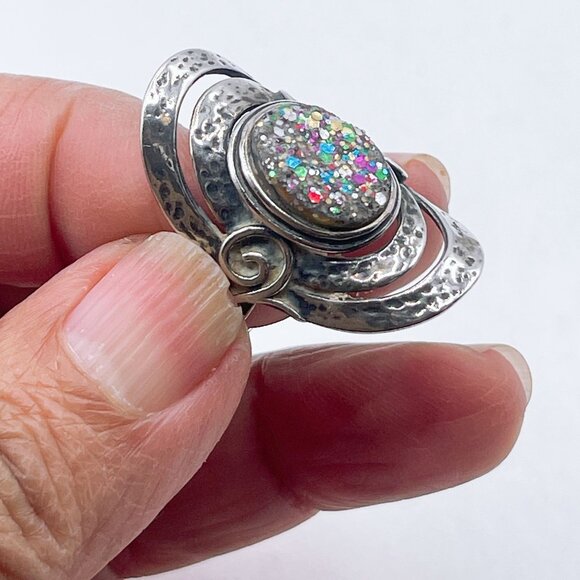 925 Handcrafted Sterling Silver & Glittery Resin Statement Ring By PZ Israel 6.5 - Picture 2 of 7